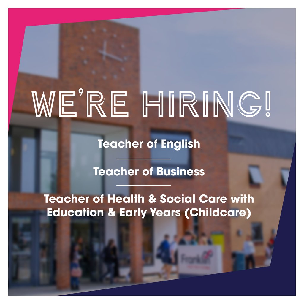 🚨 We're Hiring! 🚨 We are currently recruiting for: 📚️ Teacher of English 💼 Teacher of Business 👨‍👩‍👧‍👧 Teacher of Health & Social Care with Education & Early Years (Childcare) Find out more and apply here: fejobs.com/careers/frankl… #SeeYourFuture #NowHiring