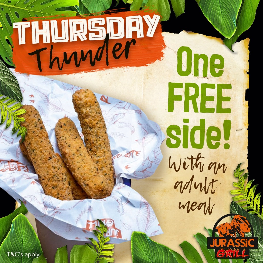 🦕It's THURSDAY THUNDER here at @Jurassicgrilluk Today's 'term-time' special is ONE FREE SIDE with every Adult meal! 🥗🍟🧅🧀 Open daily until 9pm with last bookings for 7.30pm. BOOK ONLINE - jurassicgrill.co.uk #lochlomondshores