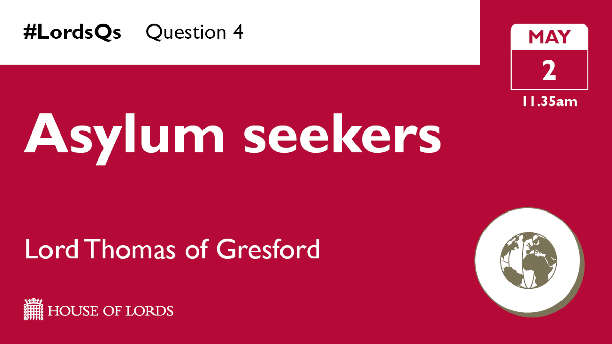 @tom_watson @Paulscriven @TeesValleyCA Finally in #LordsQs, Lord Thomas of Gresford questions government on the number of asylum seekers with pending applications who are currently missing from registered addresses.

📺 Watch online from 11.35am at the link in our bio

4/4