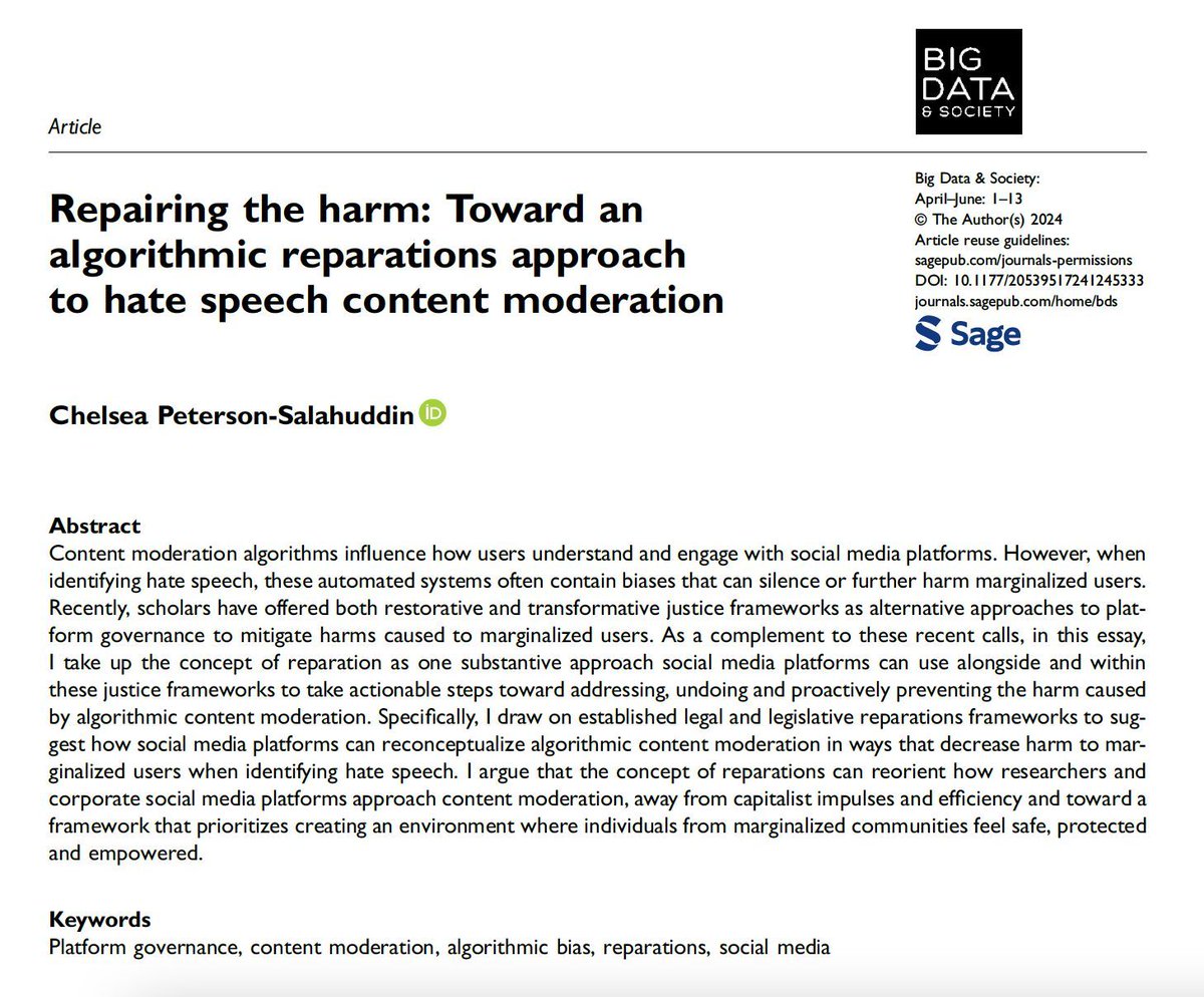 📣New paper is out: ‘Repairing the harm: Toward an algorithmic reparations approach to hate speech content moderation’ from the special theme on Algorithmic Reparation by Chelsea Peterson-Salahuddin @ChelsSalahuddin. Read here ▶️ buff.ly/3JxL1JO #contentmoderation