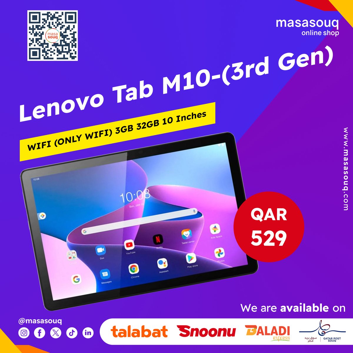 Upgrade your tech game! Lenovo Tab M10 (3rd Gen) for only QAR529. Order yours: masasouq.com/lenovo-tab-m10…   #Lenovo #tabletdeals #musthavetech #masasouq 🤩