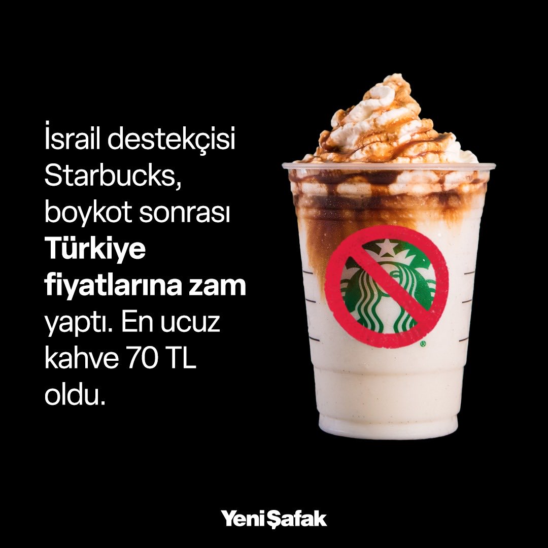 Gelirleri ocak-mart döneminde yıllık bazda yüzde 2 azalışla yaklaşık 8,6 milyar dolara gerileyen; soykırımcı İsrail destekçisi Starbucks,Türkiye fiyatlarına zam yaptı. Soykırıma desteğine rağmen Starbucks'a gidenler, en ucuz kahve için 70 TL ödeyecek. #GazaGenocide 🇵🇸