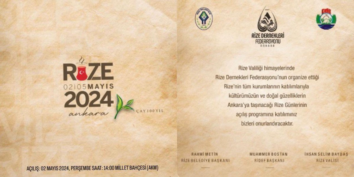 🔵Feretiko ile Rize’nin Geleneksel Kıyafet Defilesi
🟢Çayın İklim Seremonisi 
🔵Rize Halk Oyunları Kemençe Tulum
🟢Açılış Konuşmaları
🔵Çayın 100.yılı Pasta Kesimi

Açılış programımız bugün saat 14.00’te Başkent Millet Bahçesi’de💙💚

#size #bize #hepimize #rize
