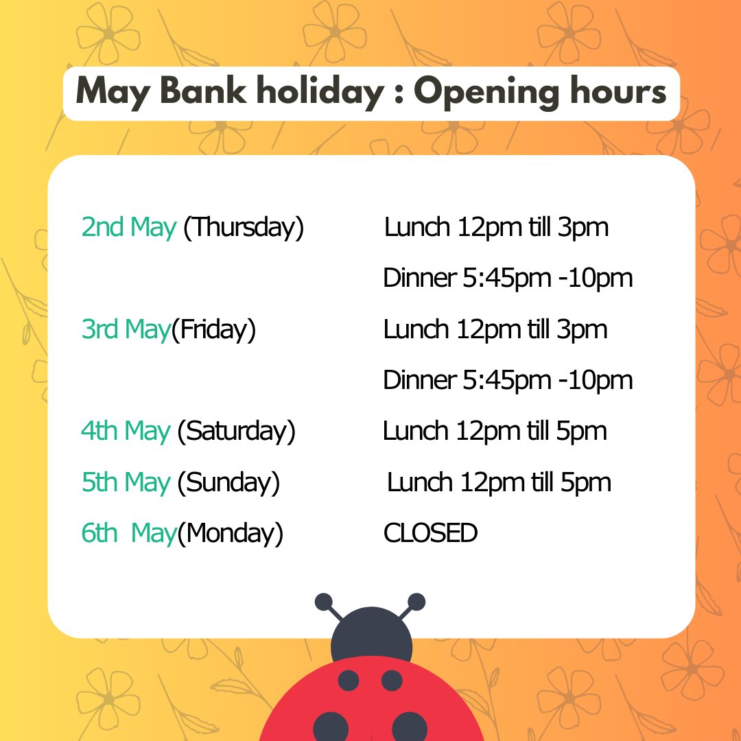 Opening hours for May bank holiday weekend..