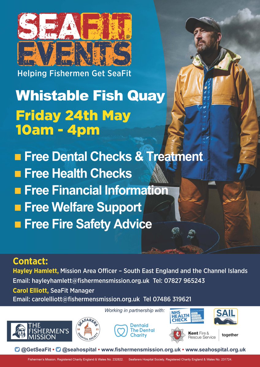 For fishermen in #Whitstable we have a range of health providers coming to your quayside 24th May, don't miss out on vital health checks &amp; more! <a href="/thefishmish/">Fishermen's Mission</a> <a href="/seahospital/">Seafarers Hospital Society</a> <a href="/SeafarersAdvice/">SAIL</a> @dentaid_charity #narrowthgap #coastalcommunties