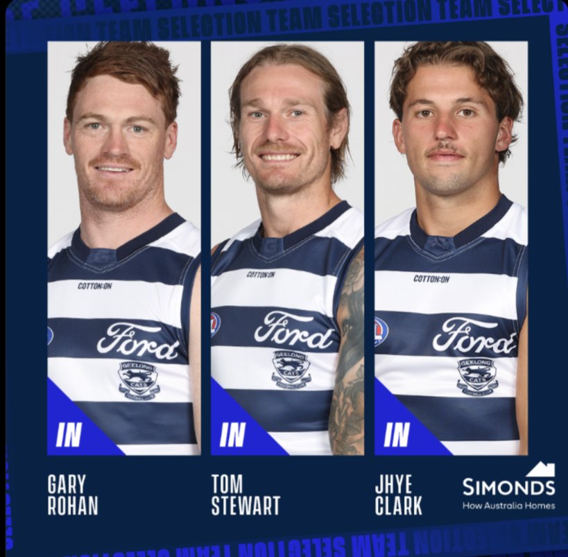 Geelong has made three changes to its team that will play the Melbourne at the MCG this Saturday from 7.30pm AEST.

Tom Stewart returns to the side alongside Gary Rohan and Jhye Clark. They replace captain Patrick Dangerfield (hamstring) O Connor and Parfitt both managed.