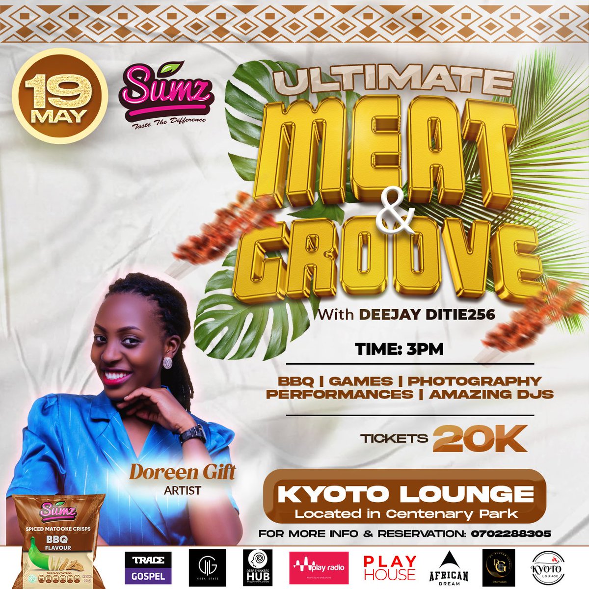 Doreen Gift will be live at Kyoto Lounge for @MeatAndGroove!🥳 We know the sound of revival will be felt throughout the place come 19th May, don't miss out! . Tickets are available on ticketyo.com/ultimate-meat-… at 20K 🎫 And On @mtnmomoug Dial *165*3# Code 051058 #MeatAndGroove