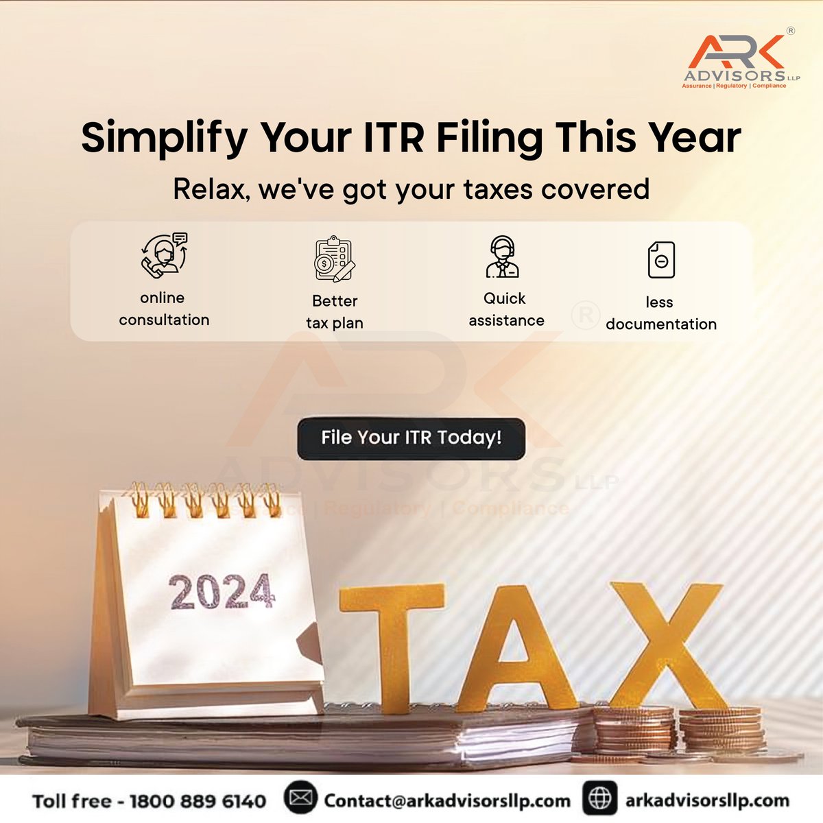 Time to tackle your taxes stress-free! Let us handle your ITR filing with ease. 📑✨

.
.
.
#arkadvisorsllp #9392030273 #18008896140# #TaxSeason #ITRFiling #HassleFree Sure, #TaxPreparation #TaxExperts #FinancialServices #TaxHelp #IncomeTaxReturn #TaxTips #TaxTime #MoneyMatters