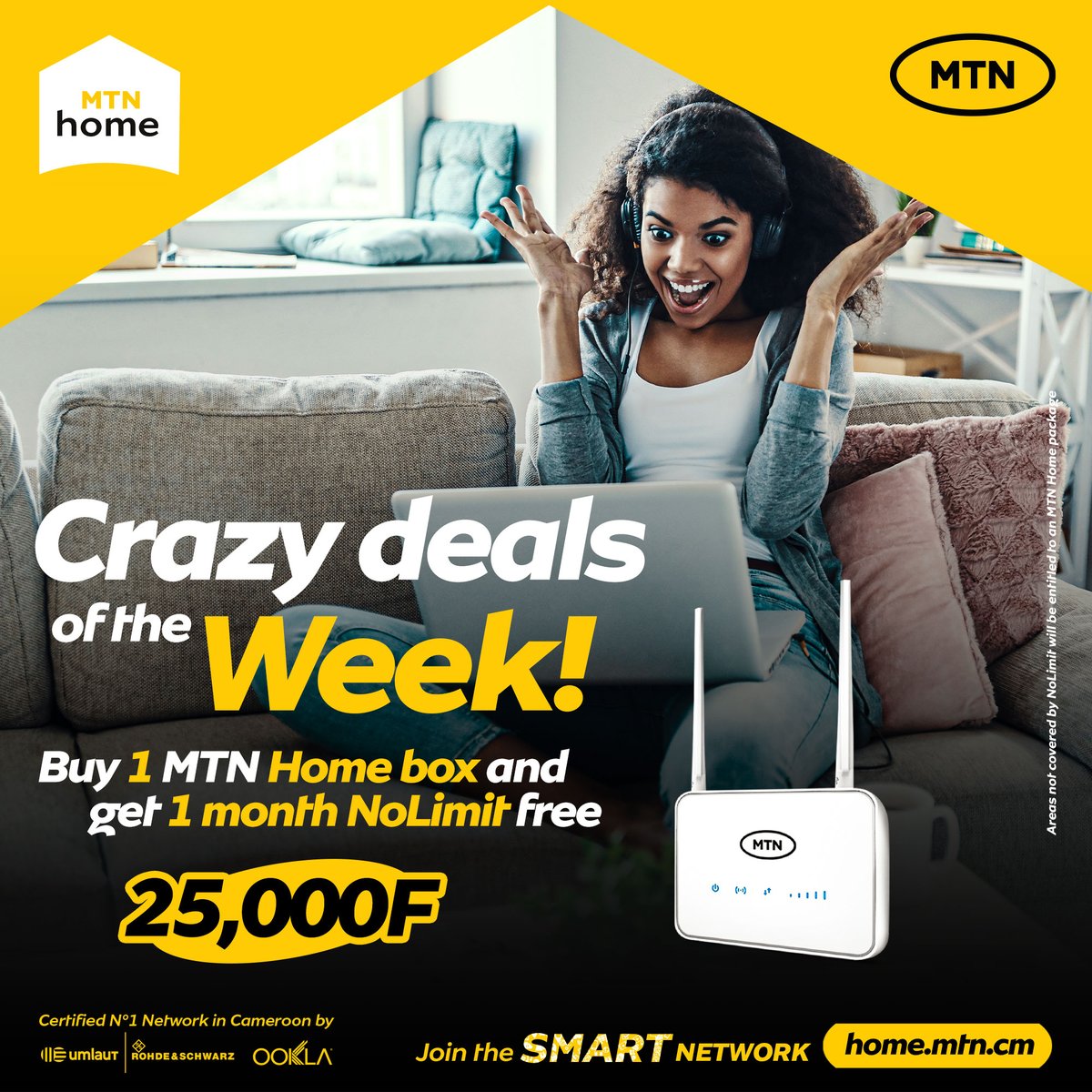 Exceptional! 😍 Get your MTN Home Box and enjoy a full month of Njooooh internet connection. 🥳🥳🥳 Order now on home.mtn.cm for 25,000F. #TheBestNetwork est le #SMARTNetwork #LeBonReseau c'est le #ReseauSMART