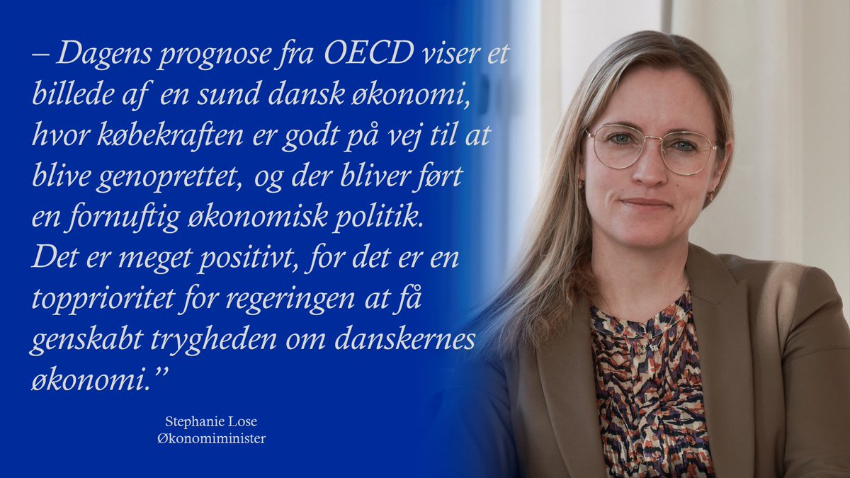OECD skønner, at dansk økonomi vil vokse med 2,3 pct. i år og 1,5 pct. i 2025. Det er en opjustering af deres skøn for 2024 med 1,1 pct.-point. Verdensøkonomien ventes at vokse 3,1 pct. i år og 3,2 pct. i 2025. #dkpol #dkøko

Økonomiminister @stephanie_lose siger 👉