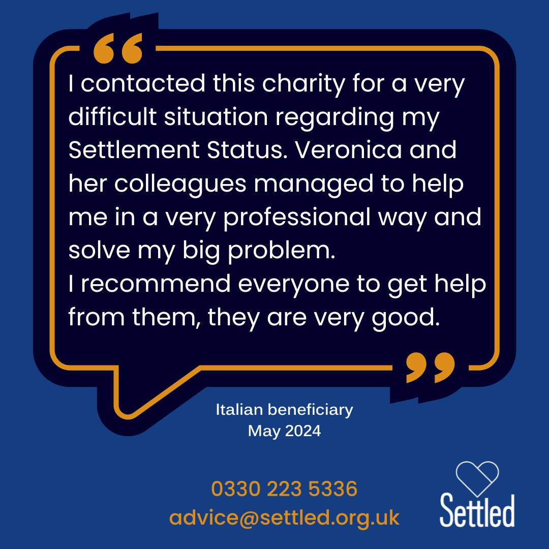 We're delighted to have helped an Italian lady living in Wales since 2018 gain #EUSS settled status Settled still assist many people with valid grounds to make successful 'late applications' If you need help: 0330 223 5336 advice@settled.org.uk Free | Multilingual | Accredited