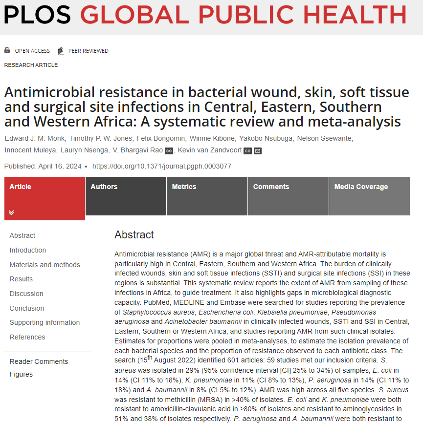 Systematic review & meta-analysis revealing high rates of antimicrobial resistance across 5 bacterial species isolated from infected wounds, skin & soft tissue infections, & surgical site infections across the African continent 🦠 ➡️doi.org/10.1371/journa…