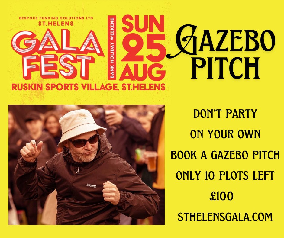 *Book A Gazebo Pitch* 💃Party in a Party🕺 Bring Your Own 3m x 3m Pop Up Gazebo Suitable for up to 10 people! Only 10 Pitches Left Book Now for just £100 sthelensgala.com *Entry in to Gala Fest not included
