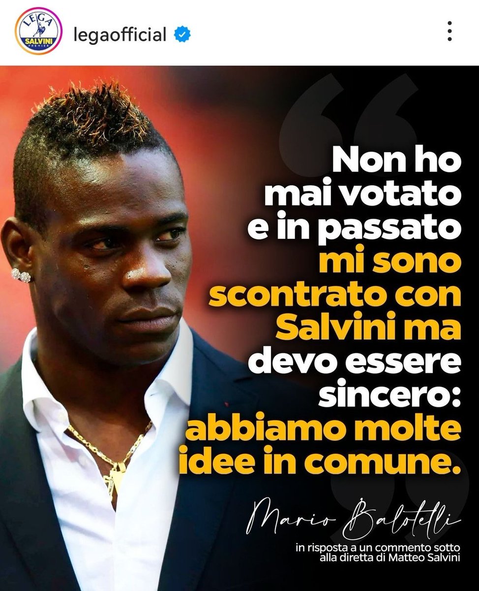 #Balotelli afferma di avere 'molte idee in comune' con #Salvini. Oltre ad essere entrambi dei coglioni nel proprio campo che idee avete in comune? Comunque cosiderate che per i canoni bresciani Balotelli è considerato un moderato.