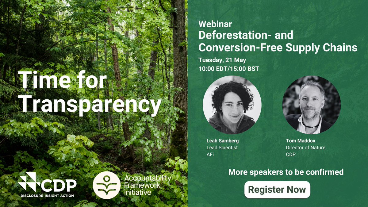 Join us and @CDP on 21 May for the launch of our joint report. Hear about the state of corporate disclosure of deforestation- and conversion-free supply chains. With: ➡️Leah Samberg, Lead Scientist, AFi ➡️Thomas Maddox, Director of Nature, CDP Register: raorg.zoom.us/webinar/regist…