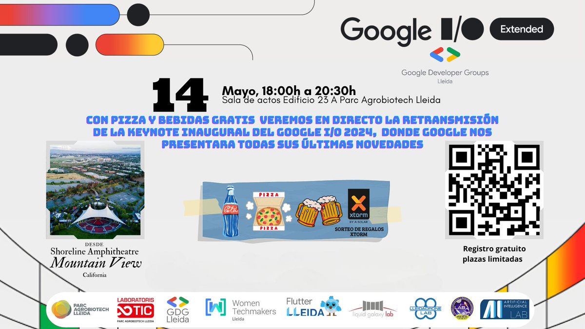 El 14 de maig hi haurà una festa per veure la  retransmissió de la keynote inaugural del google i/o 2024, amb pizza i beguda gratis.
Inscripcións al QR