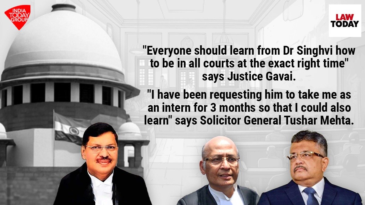 #CourtDialogues Justice B R Gavai: Everyone should learn from Dr Abhishek Manu Singhvi how to be in all courts at the exact right time. Solicitor General Tushar Mehta: I have been requesting him to take me as an intern for 3 months so that I could also learn... Dr Singhvi: I…