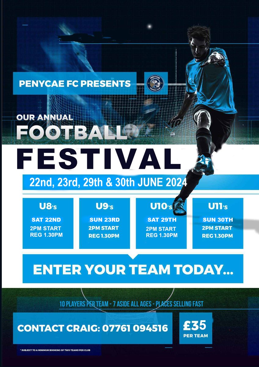⭐ 𝐀𝐧𝐧𝐮𝐚𝐥 𝐅𝐨𝐨𝐭𝐛𝐚𝐥𝐥 𝐅𝐞𝐬𝐭𝐢𝐯𝐚𝐥 ⭐ We are pleased to announce that we will be holding our popular football festival this year. More Details: 👇👇 facebook.com/penycae.fc/pos… 💙 Our Crest, Our Club, Our Community, Our Cae 💙 #WeAreTheCae #MoreThanAClub