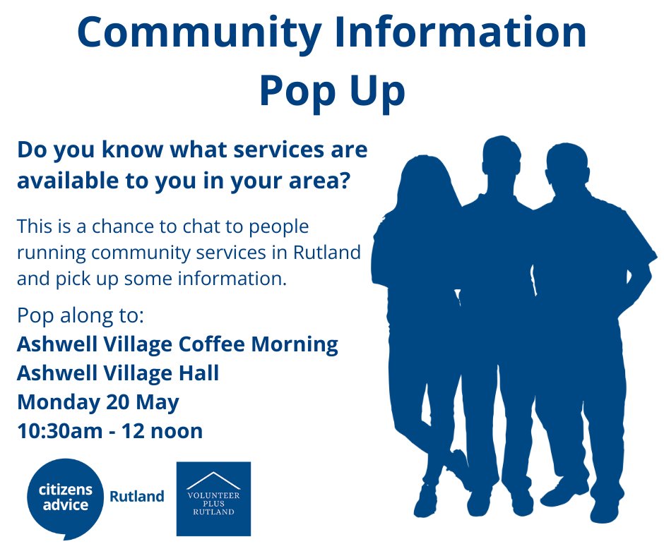 📅Date for you diaries!
Community information pop-up coming to Ashwell Village Coffee Morning in two weeks time.
<a href="/RutlandCAB/">Citizens Advice Rutland</a> and other local organisations bringing information about a range of community services available to Rutland residents.
Hope to see you there!