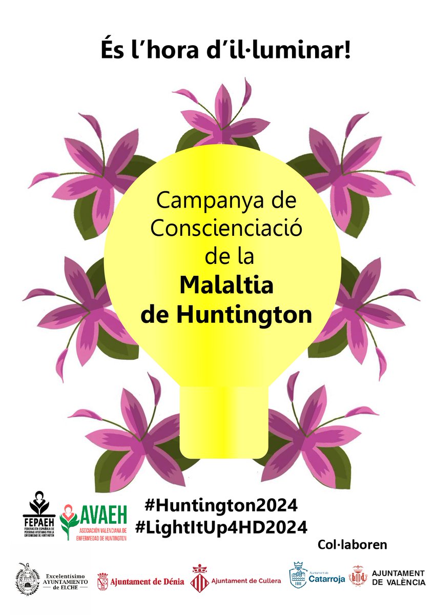 Campanya d’Il·luminació per la Malaltia de Huntington.
#Huntington2024
#2024LightItUp4HD
Il·luminacions valencianes:
3 Mg Ajuntament de DENIA
4 Mg Molí del Real d'ELX
5 Mg Pont de Pedra i Passeig Doctor Alemany de CULLERA
5 Mg Ajuntament de CATARROJA
6 Mg Ajuntament de VALÈNCIA