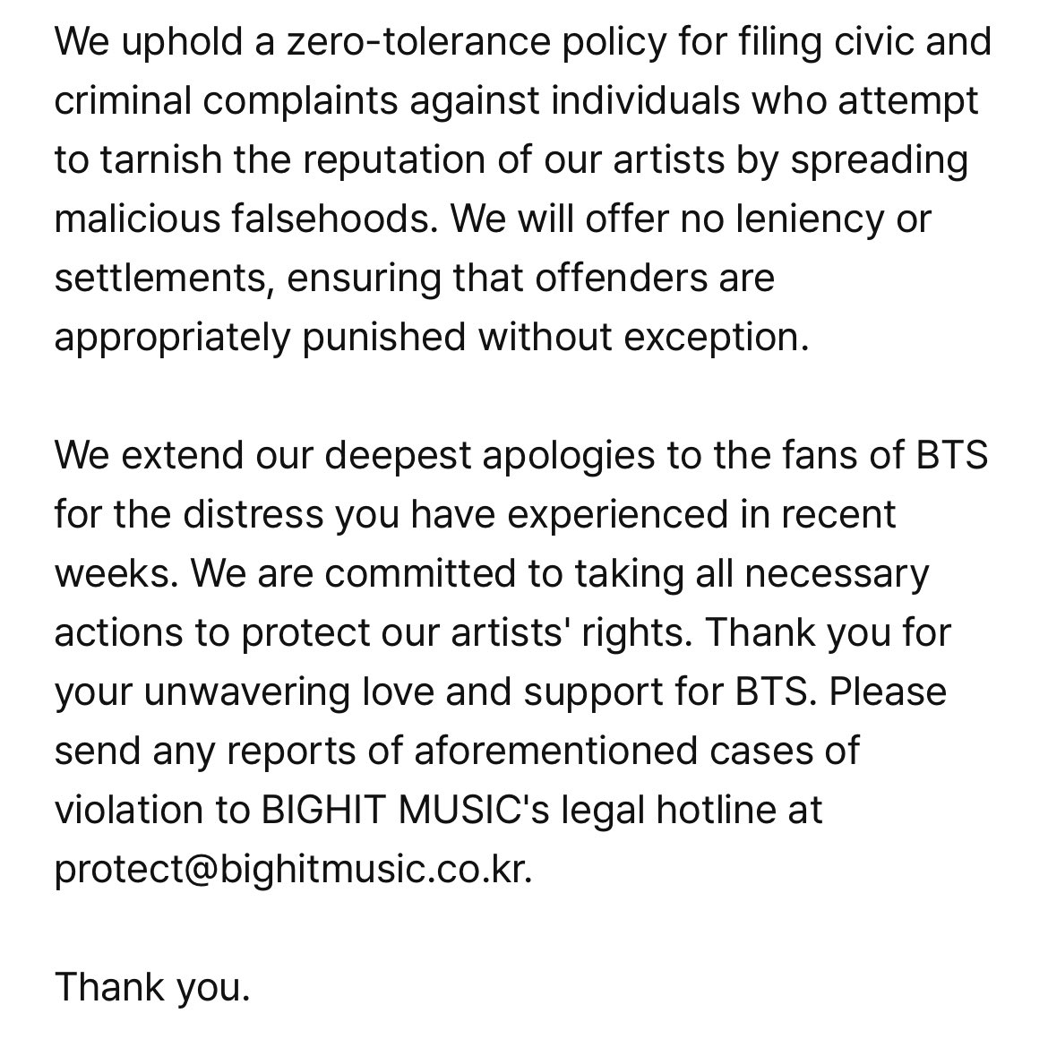 Please read this update by BigHit on the status of legal measures taken to protect BTS members against violation of their rights. Kindly report accounts that have been spreading malicious, false and harmful information, including those that have been deleted. You can use this…