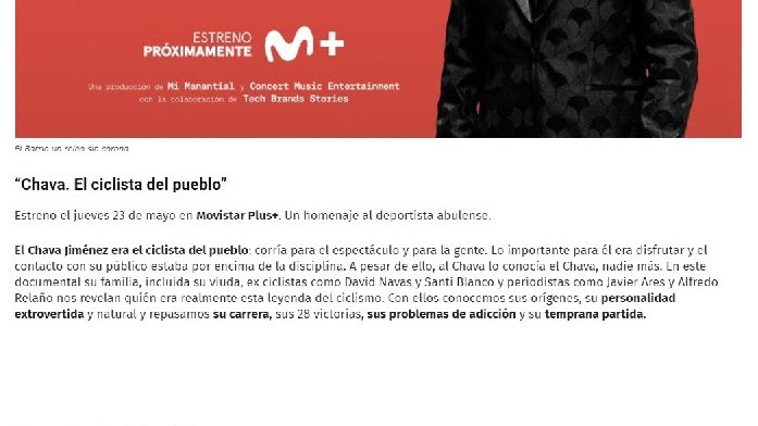 Una buena noticia para los amantes del ciclismo en general y para los fans del Chava en particular. El 23 de mayo Movistar+ estrena un documental sobre Chava Jiménez.