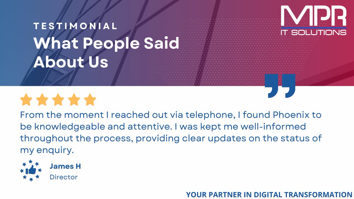 We're thrilled to share that Phoenix, our newest team member at MPR IT Solutions, has already made a significant impact! 🌟 On just her second day, we received a glowing testimonial about her exceptional service. 

 #Teamwork #CustomerServiceExcellence #NewHire #MPRITSolutions