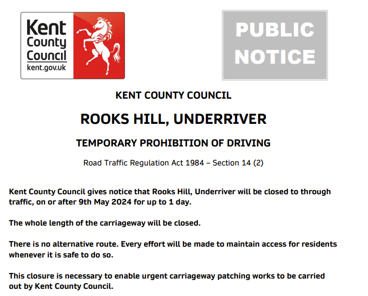 Underriver, Rooks Hill. Road closed on 9th May for 1 day for carriageway patching works. #Kentpotholes