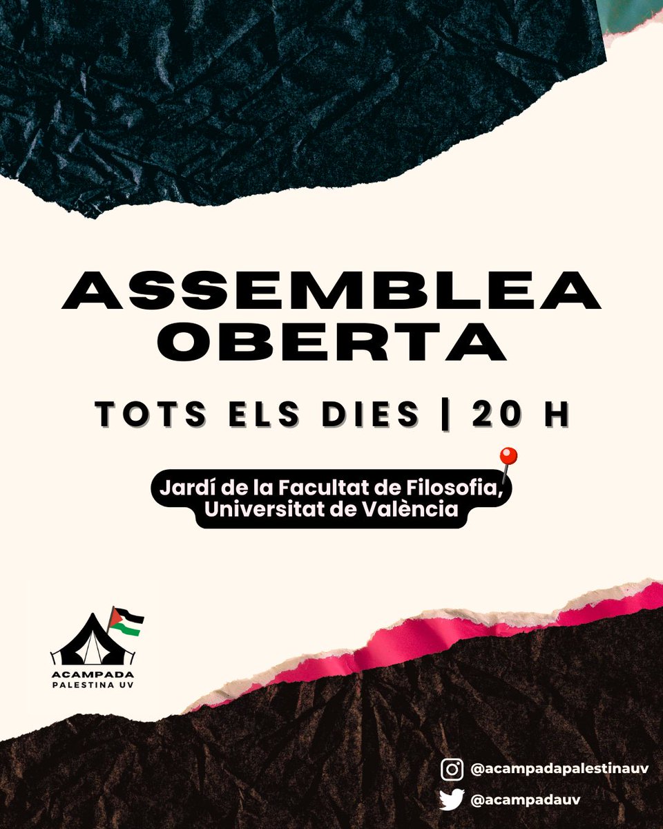 ‼️ INFORMACIÓ IMPORTANT: ✍🏻 D'ara en avant, farem una única assemblea diària a les 20h. Per tant, queda suprimida l'assemblea diària de les 14:30h. ❓ L'Acampada ha pres aquesta decisió per a afavorir la realització d'activitats de caràcter cultural i formatiu sobre Palestina.