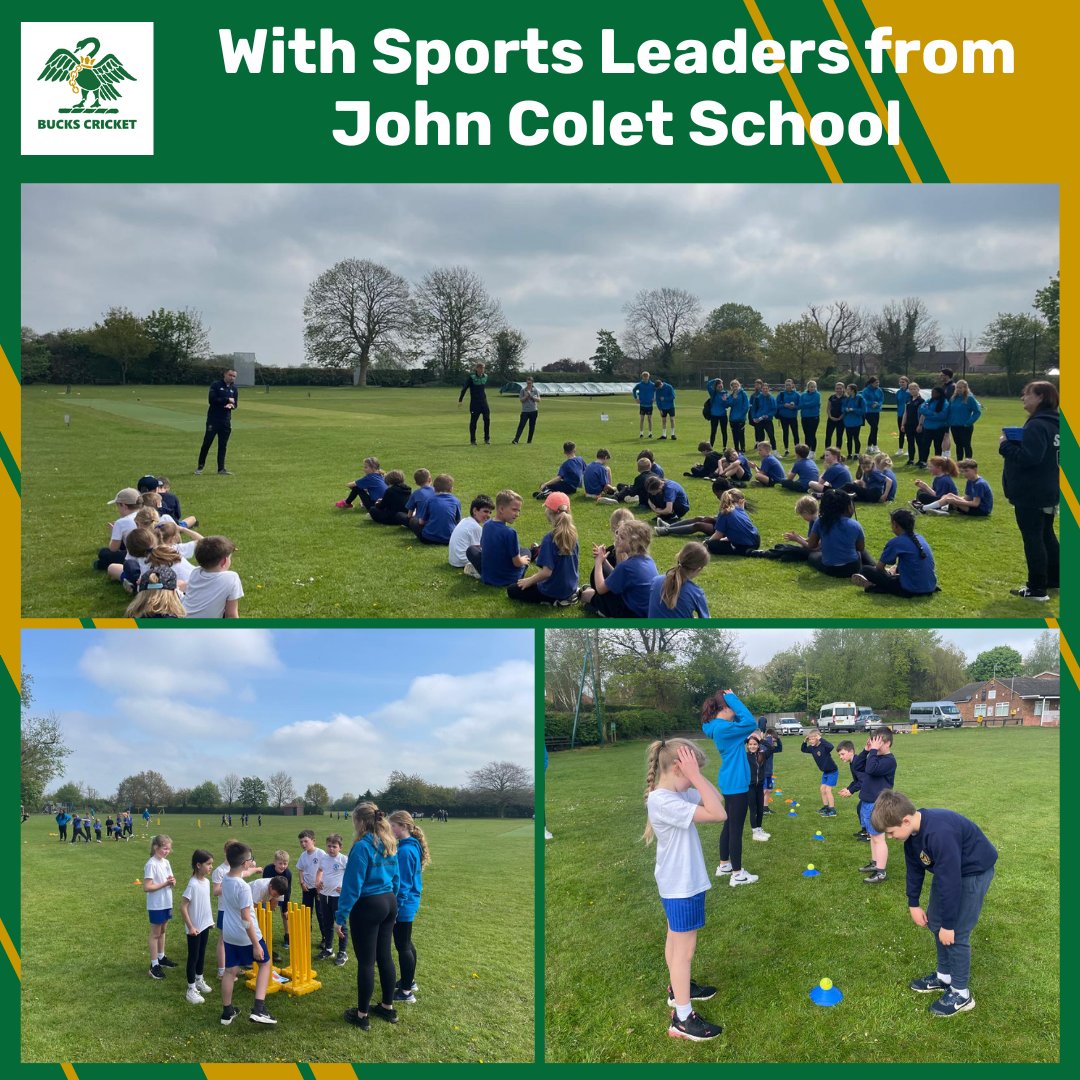 Sports Leaders from @JohnColetSchool leading a primary school skills festival at Stewkley Vicarage CC. 

Several schools across Bucks are working with our coaches on the @ChancetoShine Girls Leadership Programme

🦢🏏 #BucksCricket

@StMSchStewkley  @stewkleycricket