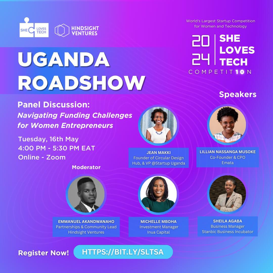 Hindsight Ventures is excited to announce Uganda's roadshow for the She Loves Tech Global Competition, in partnership with She Loves Tech - a global platform dedicated to closing the funding gap for women entrepreneurs happening on 16th May 2024, from 4:00 PM - 5:30 PM EAT.