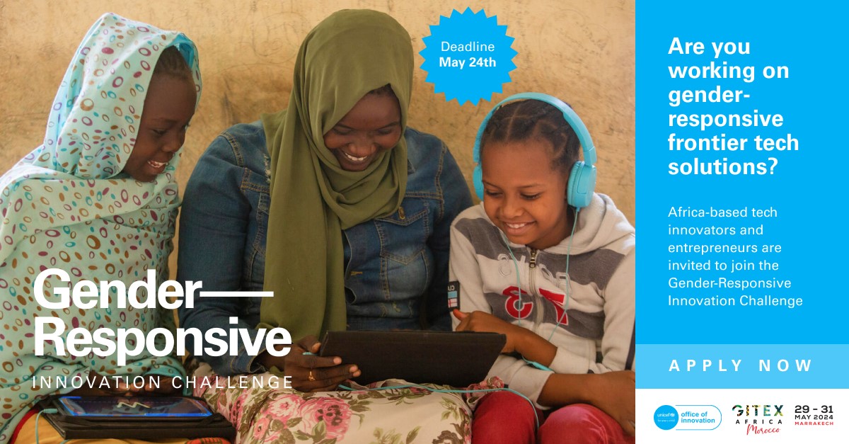The UNICEF Venture Fund and @GITEXAFRICA announce the Gender-Responsive Innovation Challenge (GRIC) 🤝🏾 An opportunity to recognize companies leading the way in developing gender responsive solutions in Africa. Learn more and apply 👉🏾 uni.cf/3UlIGXw May 24 deadline ⏲️