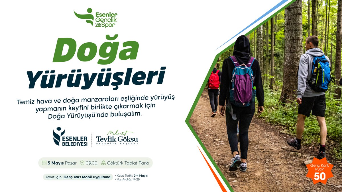 Göktürk'e Yürüyüşe Gidiyoruz Gençler! 🤩 #AdımApp sponsorluğunda doğayla iç içe, harika bir yürüyüş deneyimine var mısınız? 🏕️🚶‍♂️🚶‍♀️ Kayıt için 👉 Genç Kart Mobil Uygulaması veya genckart.com.tr 🗓️ 5 Mayıs Pazar ⏰ 09.00 📍 Göktürk Tabiat Parkı (Katılımcılara Genç