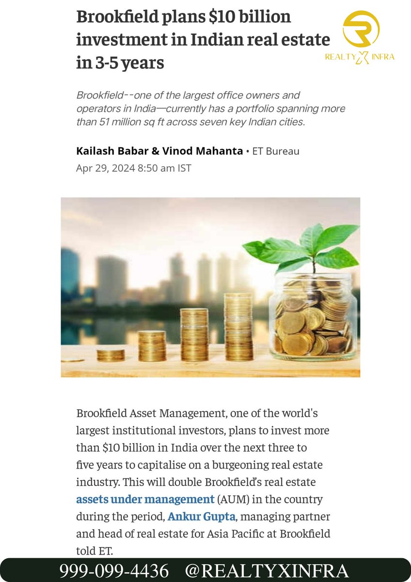 Already a booming market of Real Estate got another boost as @Brookfield plans to invest $10 Billion in Indian Real Estate Asset Management.
It's the right time to invest in Real Estate.
 #Gurgaon #HRERA #RERA #gurgaon #allthingsluxury #delhirealestate #property