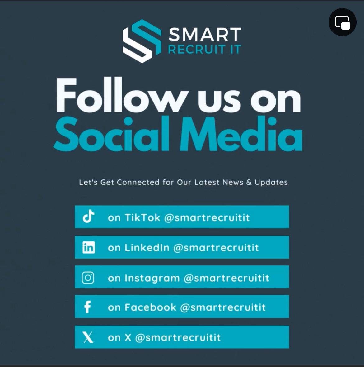SmartRecruitIT's tweet image. 🔄 Stay in the loop! 🔄

Follow us on social media for all the latest updates, job postings, interview advice, career insights, polls, and more. 📣

We&apos;re here to chat anytime. Come and say hello!🗣️👋

#SmartRecruitIT #RecruiterMarc #socialmedia #recruitment #talentacquisition