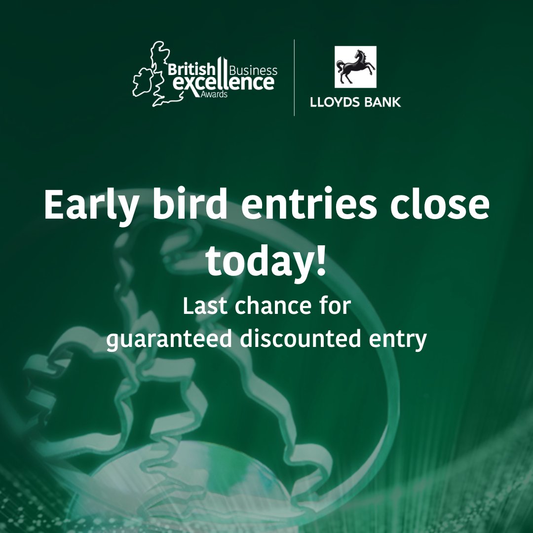Our early bird entries close today!

But don't worry, if you miss this deadline you will still be able to enter the biggest business awards in the UK until 14th June 2024.

#BritishBusinessAwards #AwardsEntry