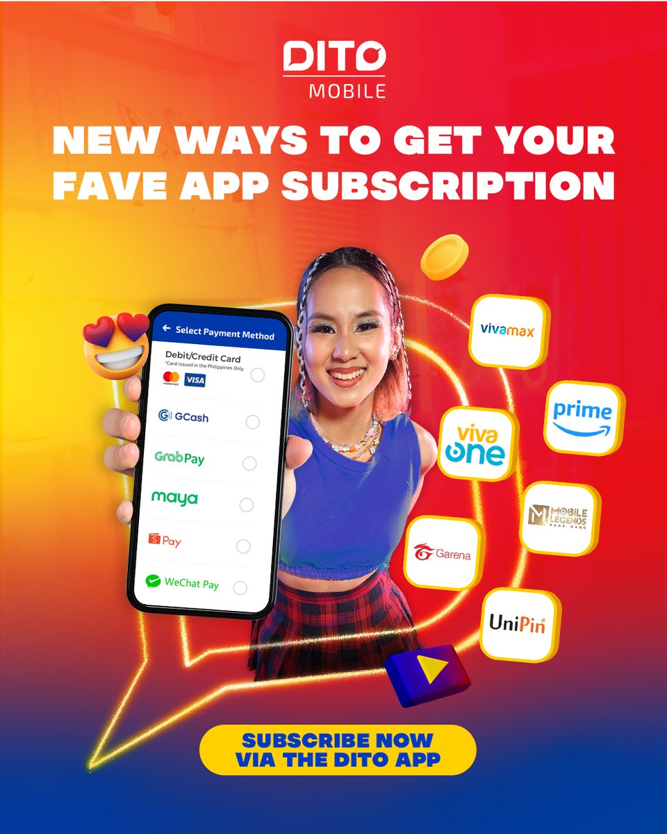 Enjoy entertainment and gaming with more effortless payment options! 📲

Get hooked on the latest shows and mobile games across your favorite apps, now made simpler to pay with  GCash, Maya, GrabPay, ShopeePay, WeChat Pay, Visa, and Mastercard.

#DITOTelecommunity