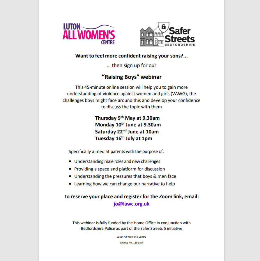 Do you want to feel more confident raising your #children? @lawc_luton FREE 45-minute webinars help you to gain understanding of violence against women and girls, the challenges your children may face and develop confidence to discuss the topic with them. Email jo@lawc.org.uk