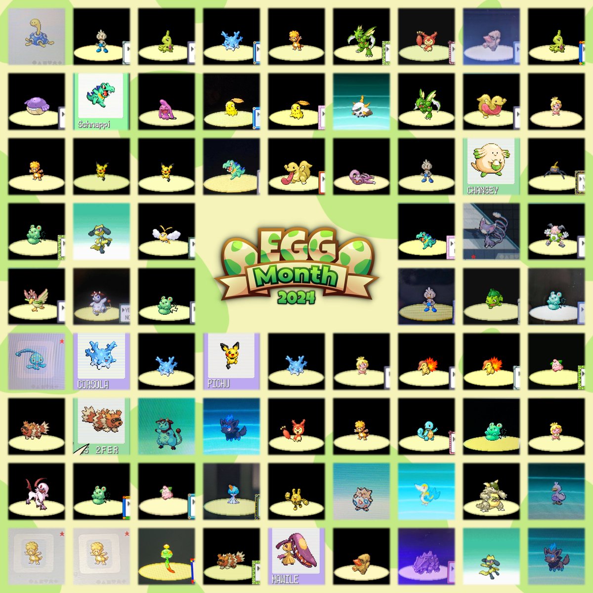 #EggMonth2024 is officially over! Here are all shinies from this year's Egg Month! Congratulations to everyone who found a shiny, and thank you to everyone who was participating. This was by far the biggest Egg Month yet, with a grand total of 75 shinies! See you next year! 🥚✨
