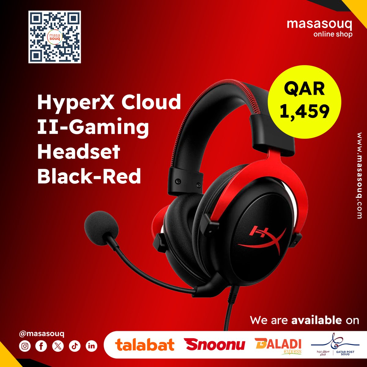 Level up your gaming! 🎮🎧  Experience crystal-clear sound and unbeatable comfort with the HyperX Cloud II Gaming Headset. Now for QAR409! Order now: masasouq.com/hyperx-cloud-i…  #HyperX #GamingHeadset #Sound #ImmersiveAudio #masasouq