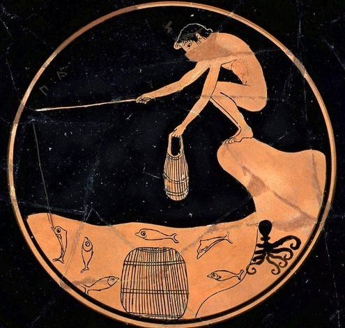 On #WorldTunaDay an ancient Greek fisherman who at least uses a line not a trawling net to acquire his supper. The octopus, being highly intelligent,  knows how to evade capture.