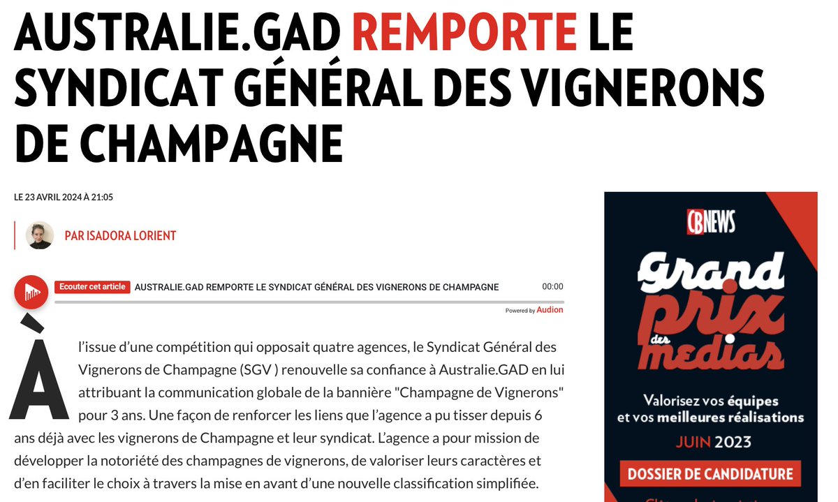 Le Syndicat Général des Vignerons de Champagne reste fidèle à AUSTRALIEGAD 🍾

À la suite d’un appel d’offres, nous sommes heureux de vous annoncer que le Syndicat Général des Vignerons de la Champagne nous renouvelle sa confiance pour les 3 prochaines années. 🫱🏼‍🫲🏽
