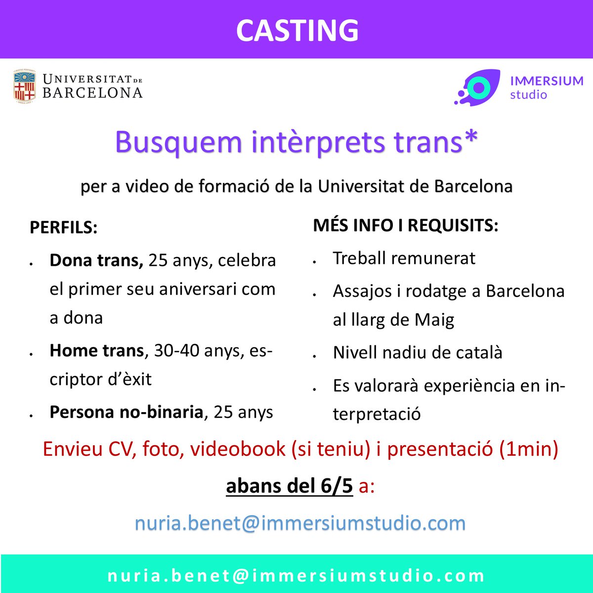 Ens ajudeu amb la difusió, sisplau? Estem produint un video de visibilització i consciènciació sobre la #comunitattrans* per la Universitat de Barcelona. No es necessita experiència professional. Gràcies! @ImmersiumStudio