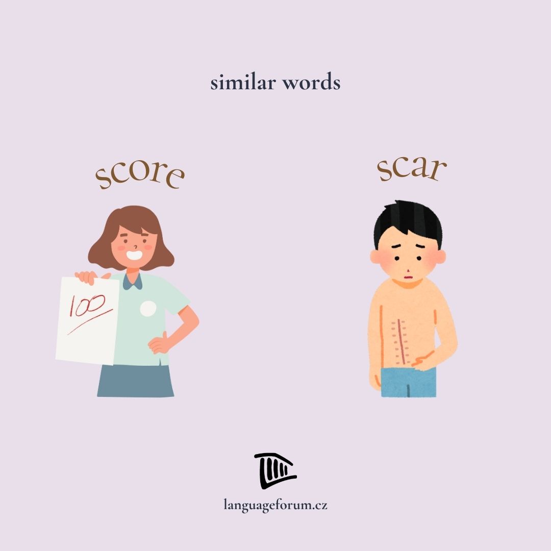A score is the number you receive after taking an exam or competing in a sports competition, for example. A scar is the mark left on your body after an injury or procedure.

#languageforum #learnenglish #similarwords