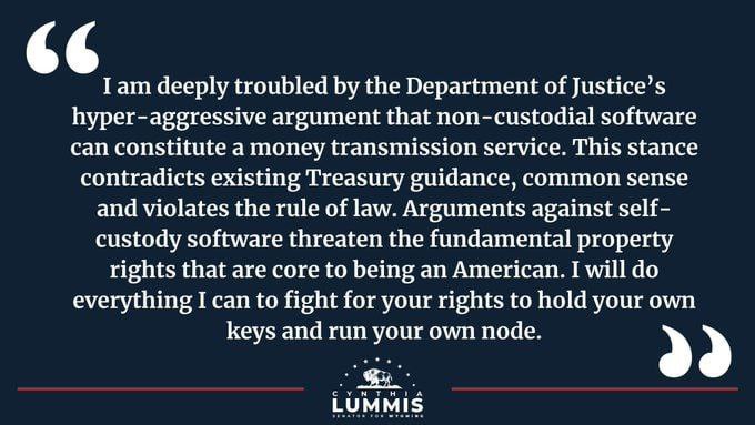 Hello web3 space 👋 'I will do everything I can to fight for your rights to hold your own keys and manage your own node'. So says U.S. Senator Cynthia Lummis, who is deeply concerned by the behavior of the U.S. Department of Justice and Treasury directives.