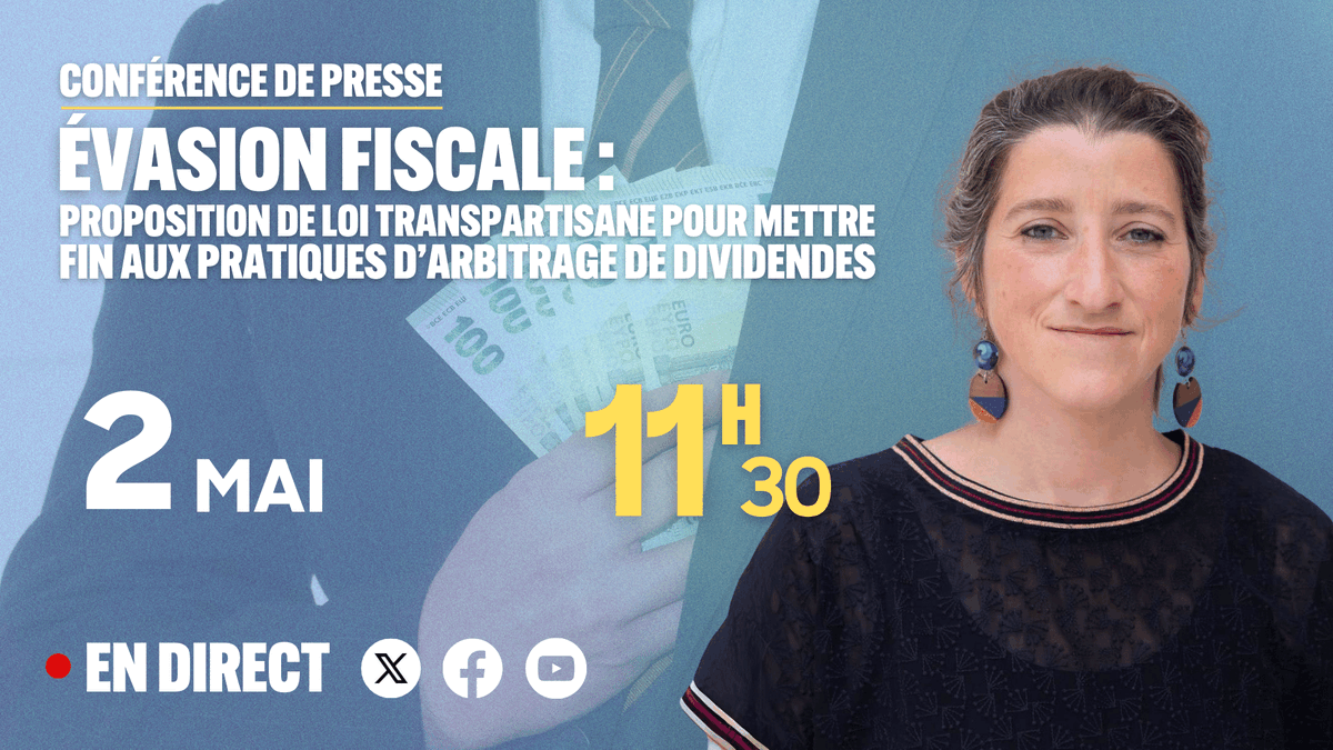 🔴 Rendez-vous à 11h30 pour suivre la conférence de présentation de la proposition de loi transpartisane, portée par notre députée @CharlotteLeducV, pour mettre fin aux pratiques d’arbitrage de dividendes. ➡️ En direct sur Youtube, Facebook et X ! youtube.com/live/BNa9OKd4-…