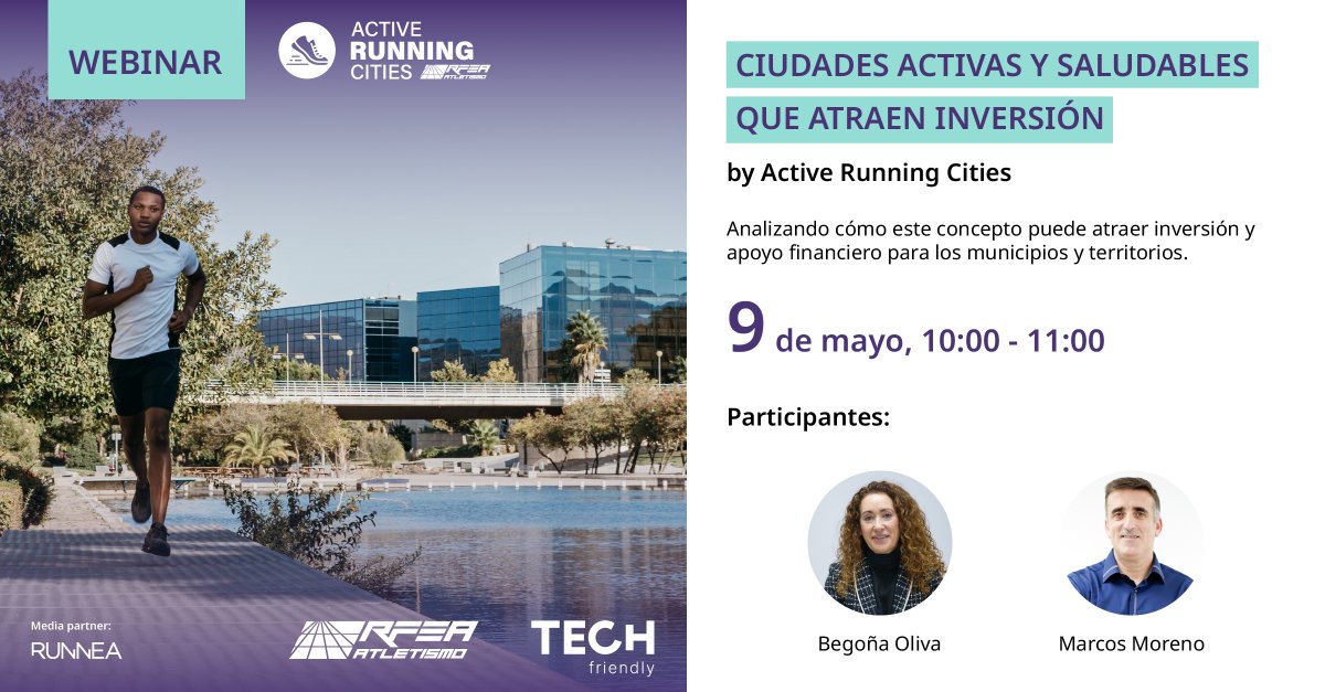 🟣 El jueves 9 de mayo (10:00-11:00) tendrá lugar el 3º webinar del ciclo #ActiveRunningCities, que analizará cómo las ciudades activas y saludables atraen inversión y apoyo financiero.

Iniciativa de: @atletismoRFEA y @TechfriendlyEs.

🔗Inscríbete formulariotech.typeform.com/to/fu4KO8nu

(1/2)