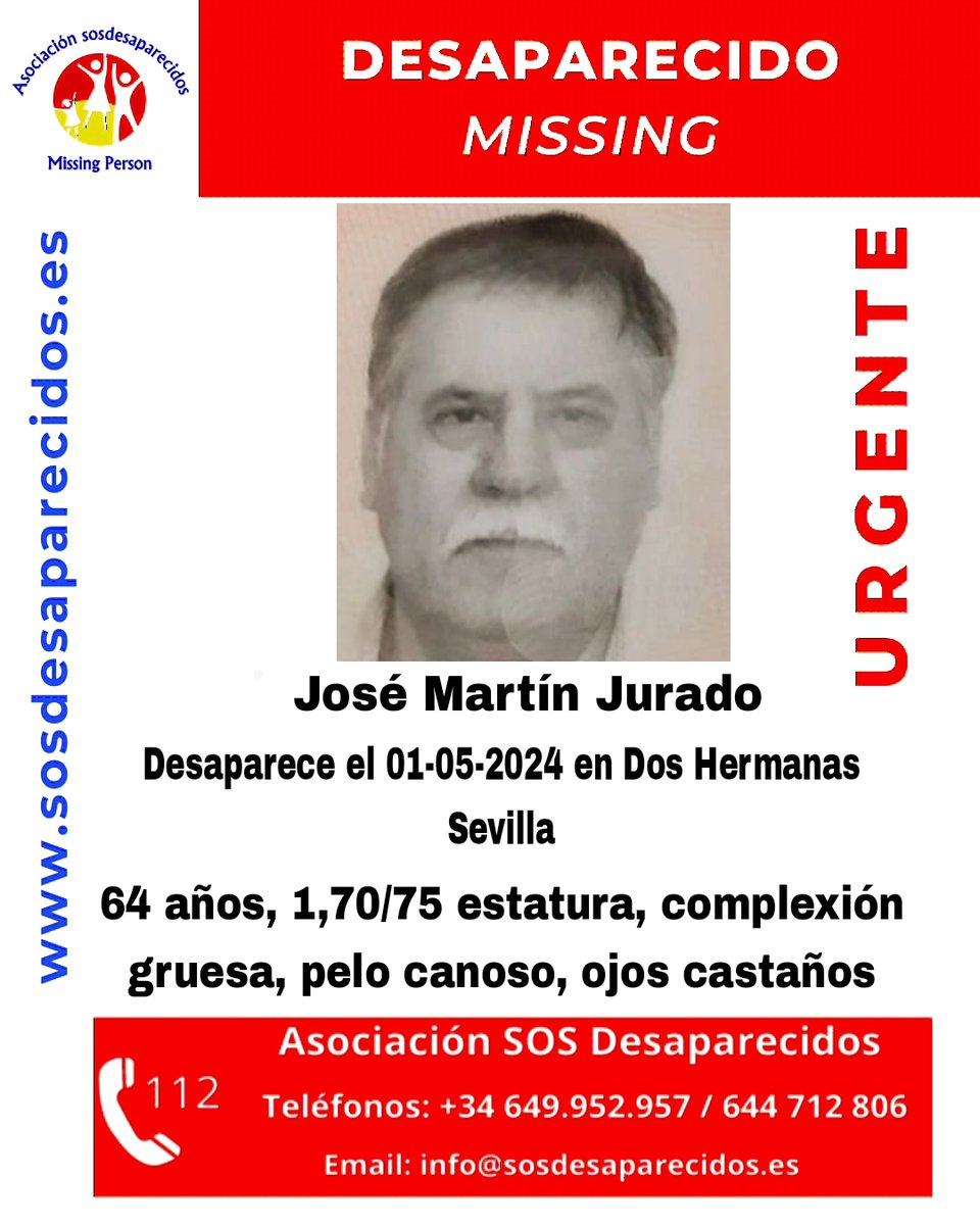 🆘 DESAPARECIDO
🟠 Alta vulnerabilidad 
#desaparecido #sosdesaparecidos #Missing #España #DosHermanas #Sevilla #Alzheimer 
Fuente: sosdesaparecidos
Síguenos @sosdesaparecido