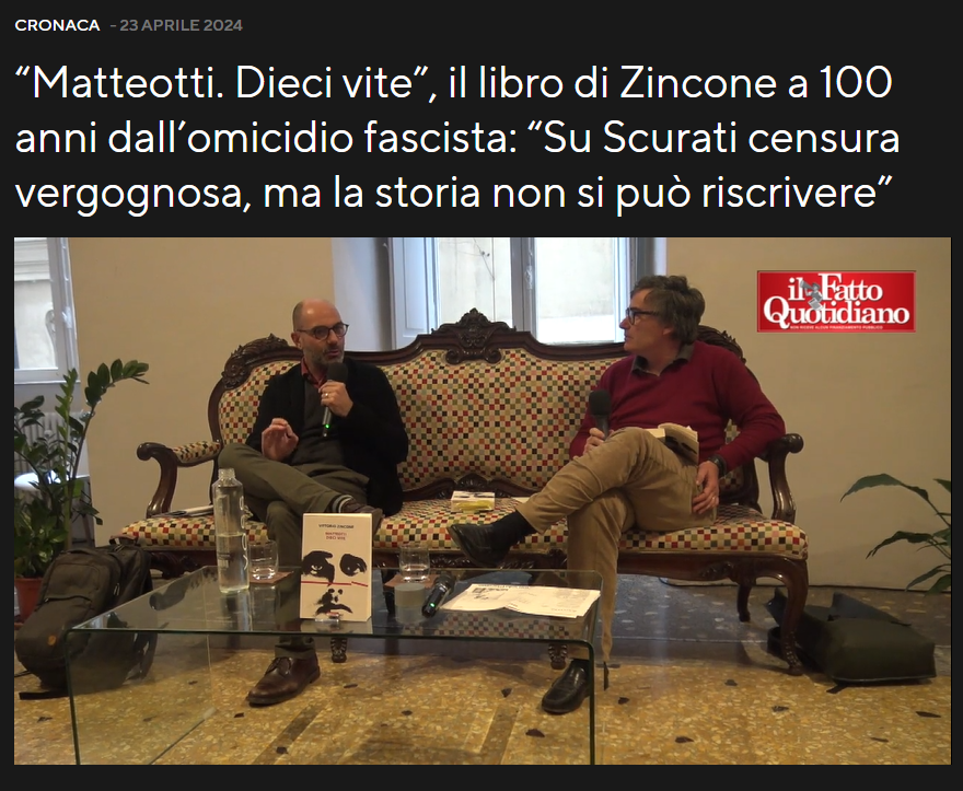 #Matteotti. Dieci vite di @vittoriozincone: su Il Fatto Quotidiano, l'intervista di Alberto Sofia. #NeriPozza ilfattoquotidiano.it/2024/04/23/mat…