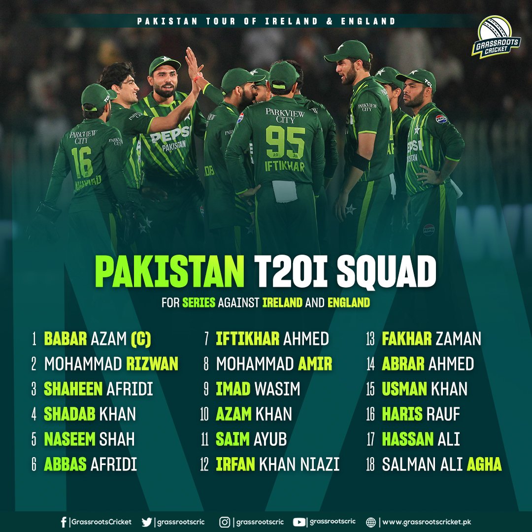 its_zeeshu_0's tweet photo. #PakistanCricket
📢 Pakistan T20I squad for Ireland &amp; England tours

Haris Rauf, Hassan Ali, Salman Ali Agha included
Usama Mir, Zaman Khan miss out

#IREvPAK | #ENGvPAK | #PakistanCricket https://t.co/GBG0ESr9pm